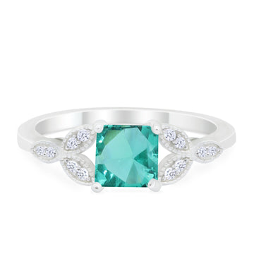 Art Deco Design Engagement Ring Princess Cut Simulated Paraiba Tourmaline CZ 925 Sterling Silver